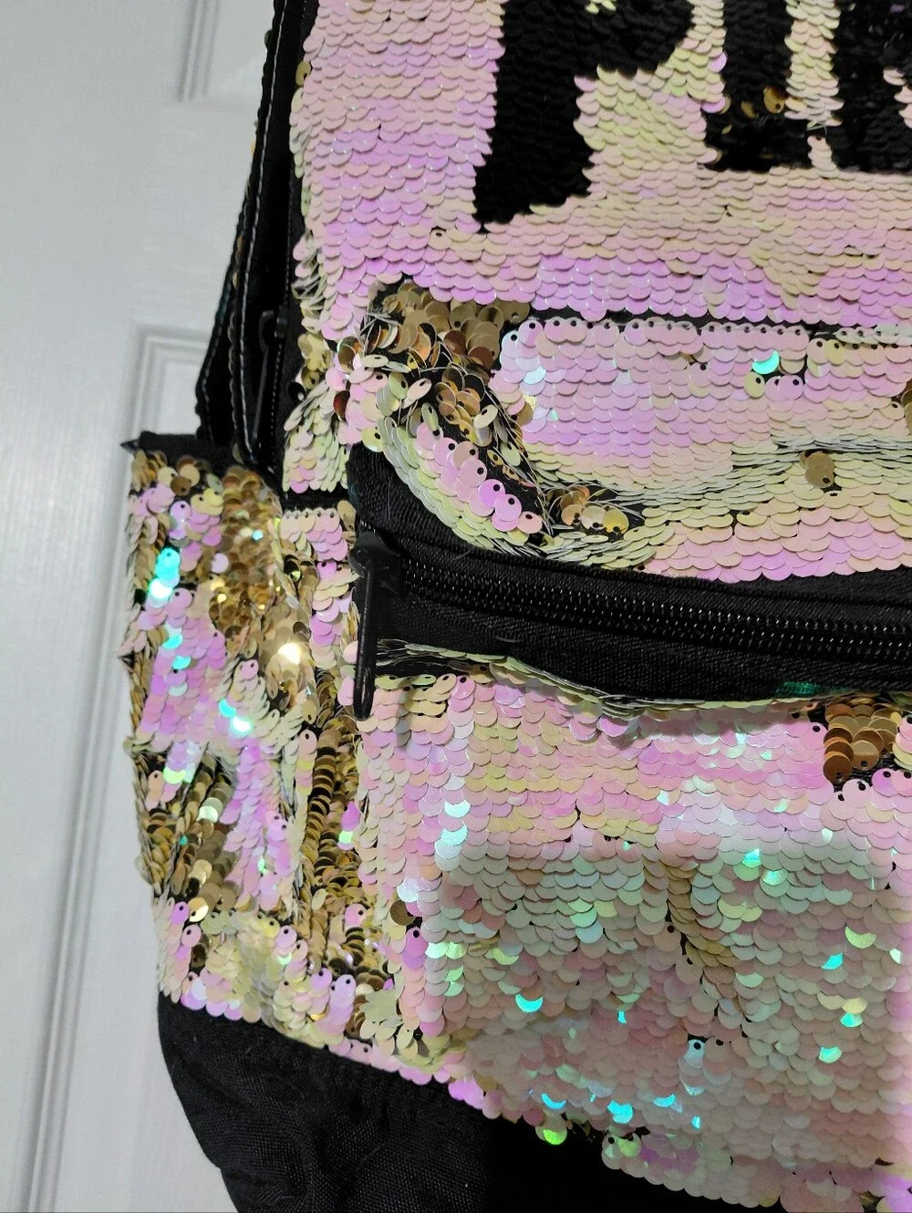 Victoria's Secret Pink Gold Black Iridescent Flip Sequin Bling Campus Backpack